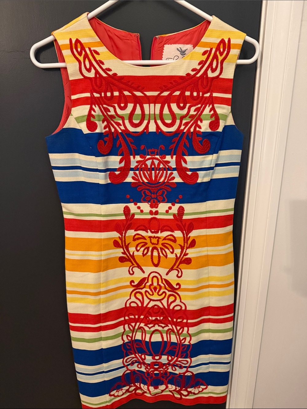 Tabitha Red & Multi-Stripe Embroidered Sleeveless Midi Dress